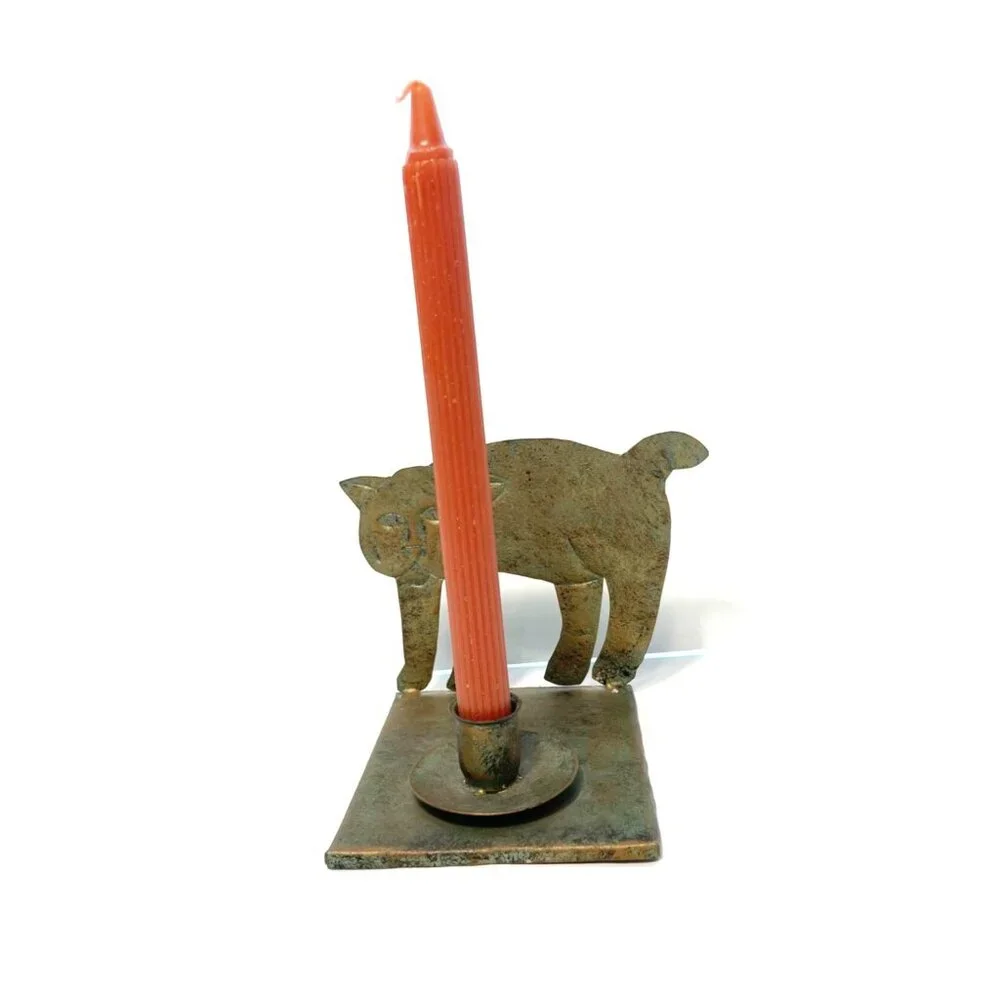 Cat Shaped Copper Brass Candle Holder Patina Taper Candles